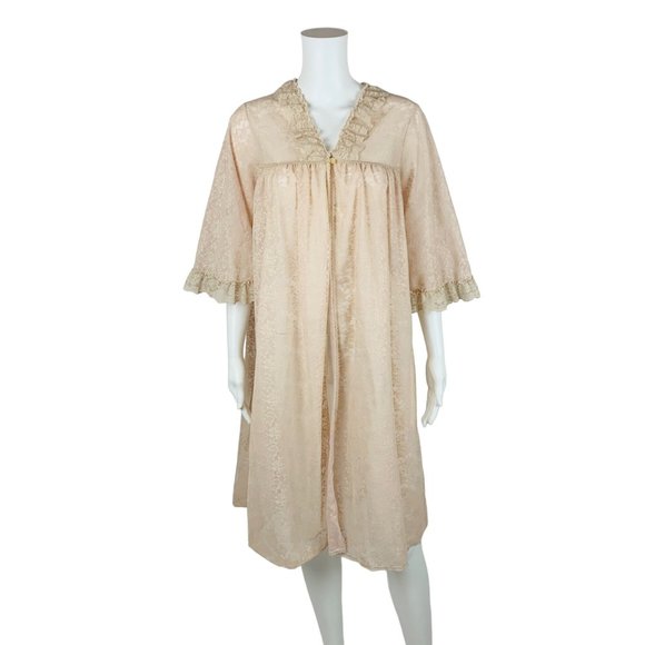 Vintage 60s Lace Robe Beige Pink Nylon Babydoll Deadstock Lingerie - Picture 9 of 10